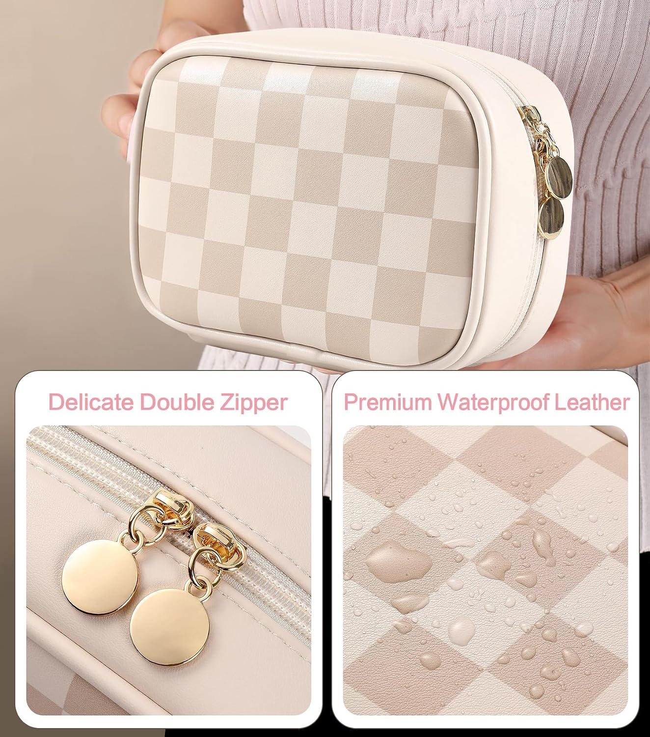 Geruite Make-up Tas Vrouwen - Vegan Leer, Waterdicht, Meerdere Vakken - Bruin - 28% Korting