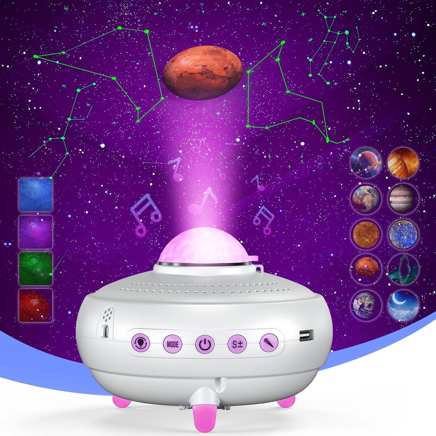 Galaxy Nachtlichtprojector met 12 sterrenbeelden en 10 planeten met Bluetooth-muziekluidspreker en spraaksterprojector voor kinderen, wit