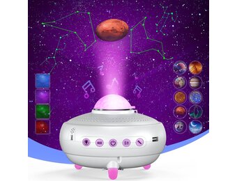 Galaxy Nachtlichtprojector met 12 sterrenbeelden en 10 planeten met Bluetooth-muziekluidspreker en spraaksterprojector voor kinderen, wit