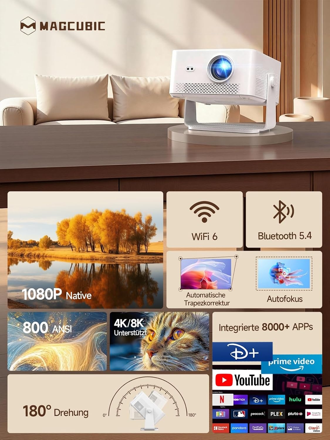 Beamer 1080P 4K Native 800 ANSI met Android 14 & WiFi 6 (35% Korting)