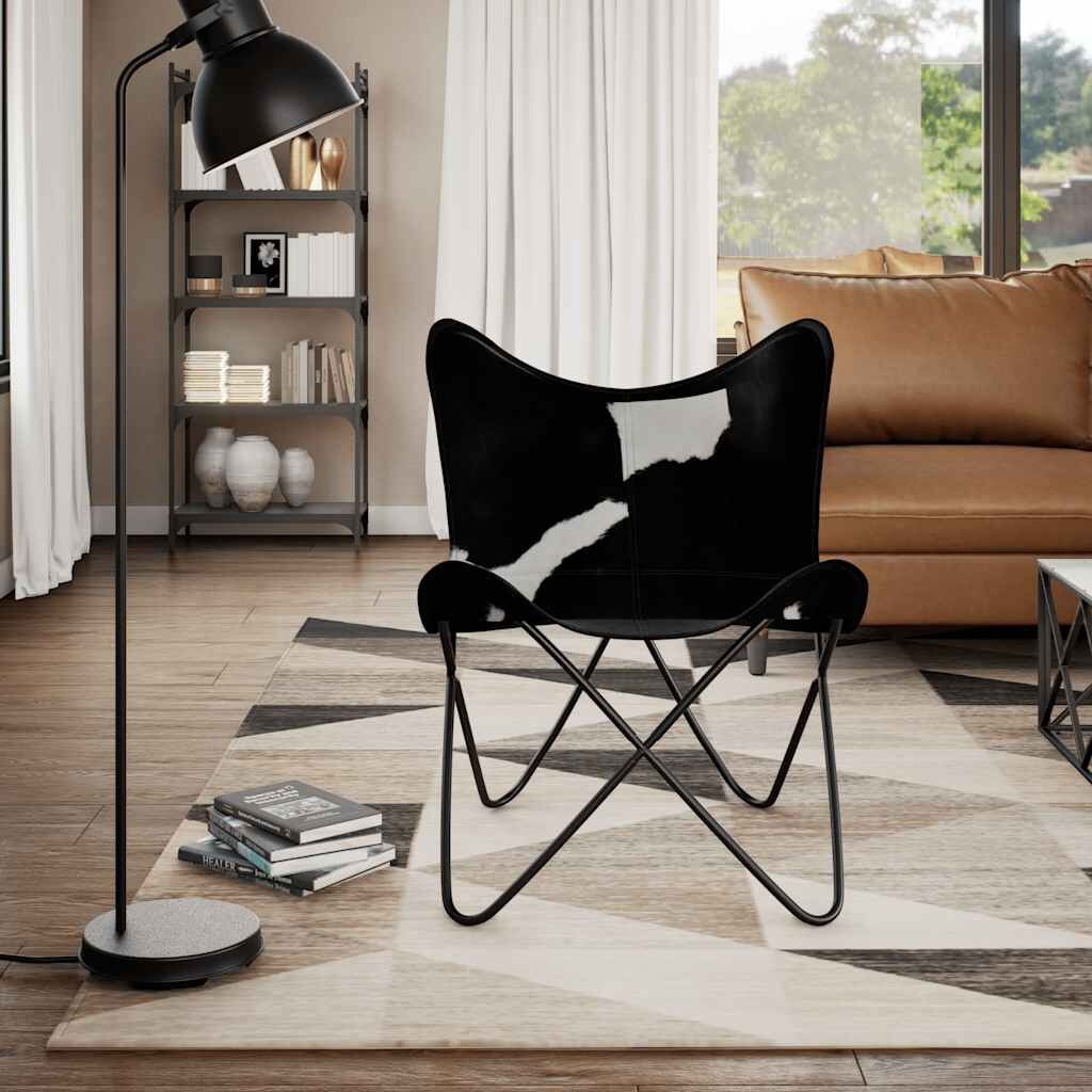 Vlinderstoel Echt Rundleer Zwart/Wit - 35% Korting
