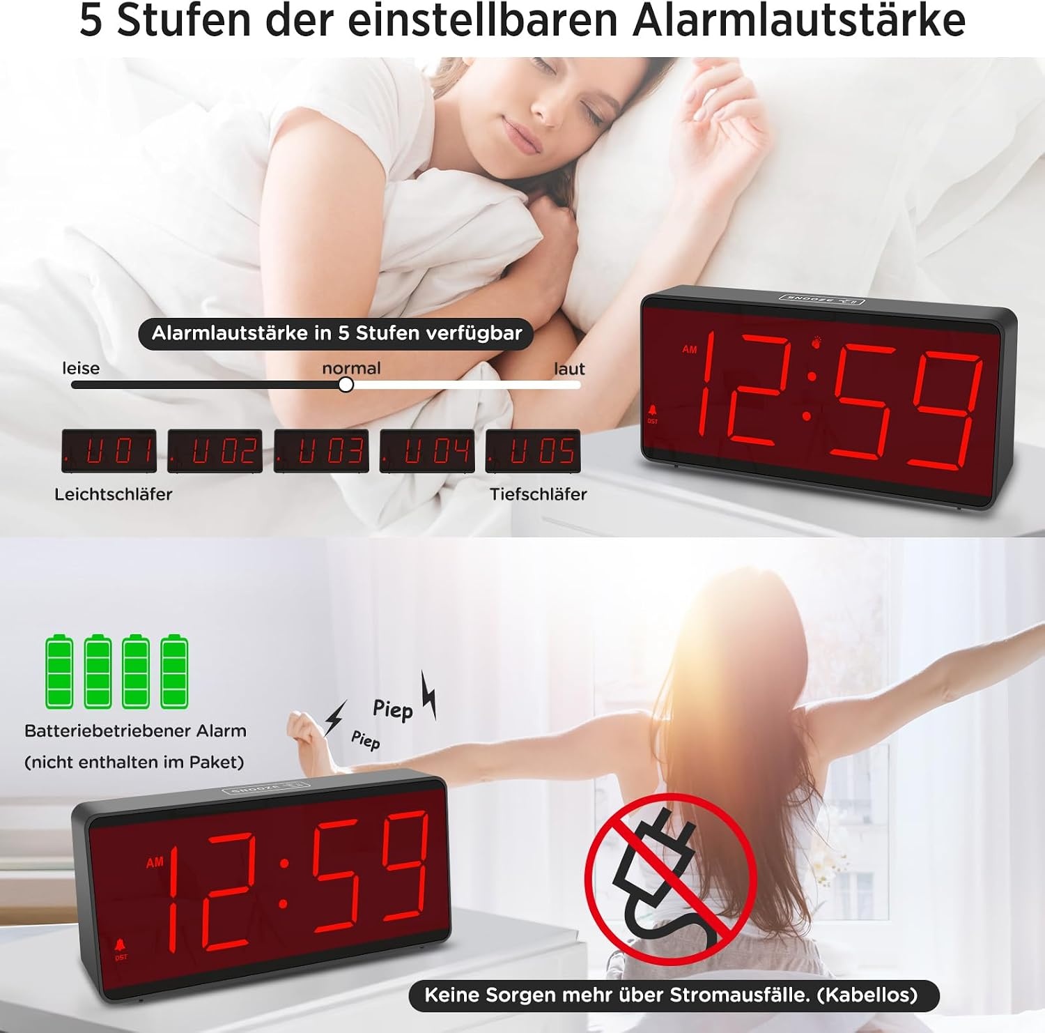 Eachui Digitale Wekker - Batterijgevoed, Grote Cijfers, Dimbaar - 34% Korting