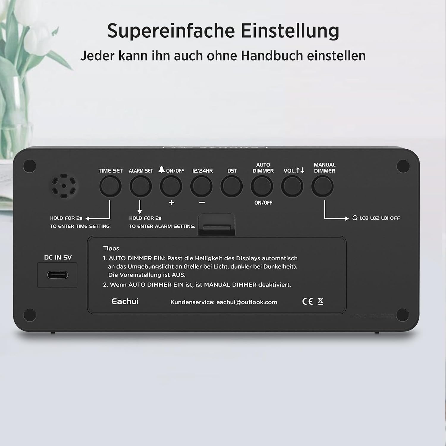 Eachui Digitale Wekker - Batterijgevoed, Grote Cijfers, Dimbaar - 34% Korting