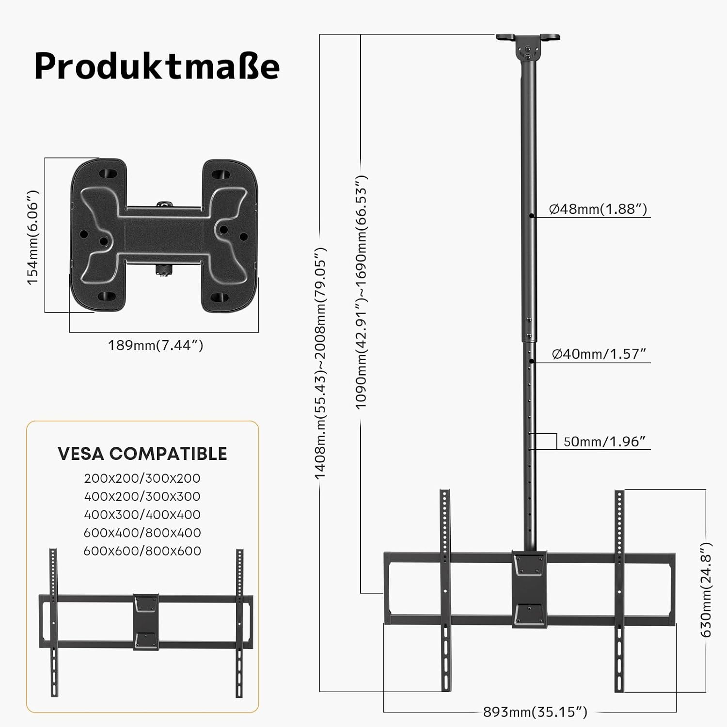 Putilsen Zwarte TV Plafondbeugel L (50-100 inch) - 34% Korting