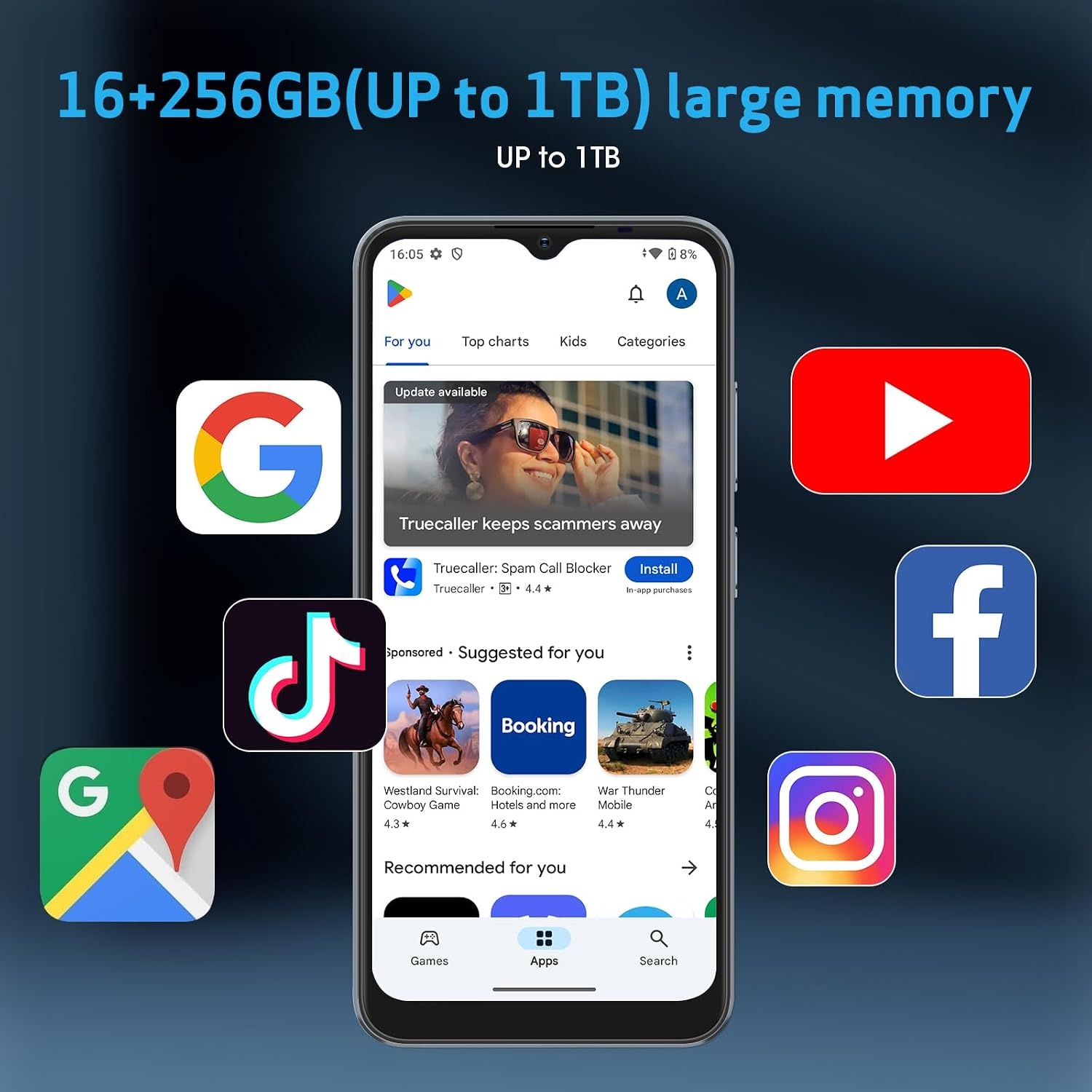 CWOWDEFU S18 Smartphone Blauw: 16GB+256GB Android 14, 34% Korting