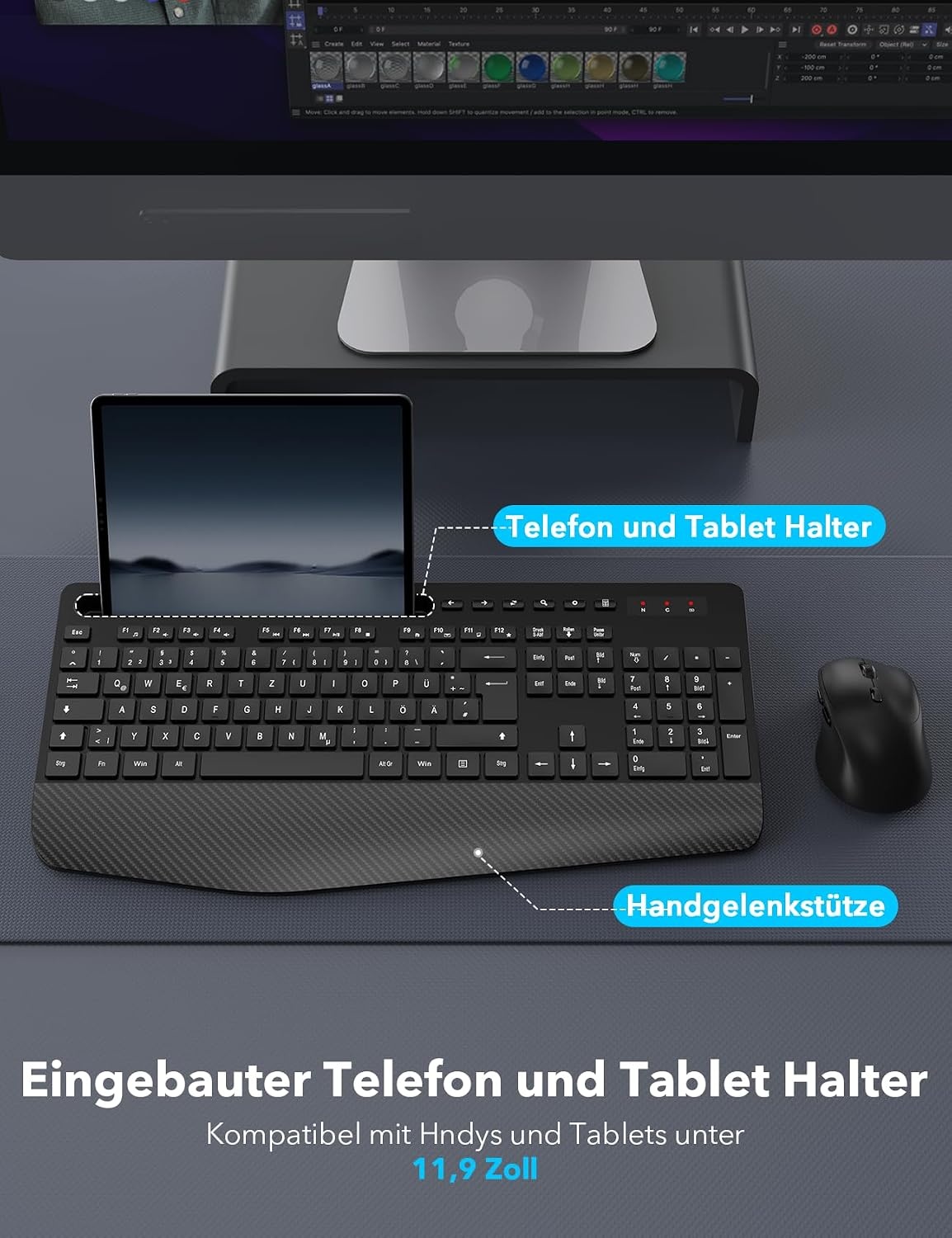 Draadloos Ergonomisch Toetsenbord & Muis Combo met Polssteun & Telefoonhouder - Zwart (33% Korting)