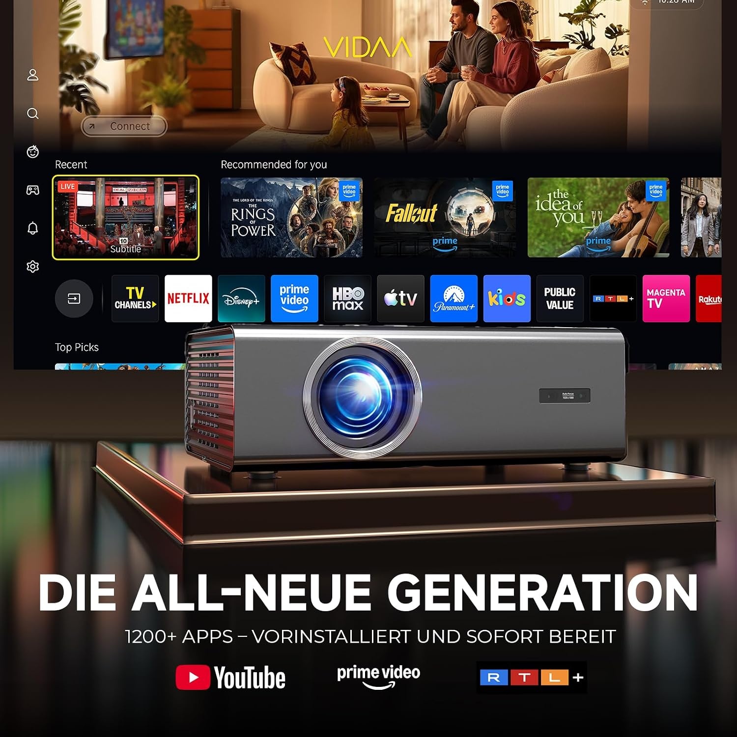 Intelligente 4K-projector met VIDAA, compatibel met Netflix-app, Dolby audio en HDR10+, KOGATA originele AirPlay, autofocus, 6D-keystone, WiFi 6 en Bluetooth, thuisbioscoopprojector