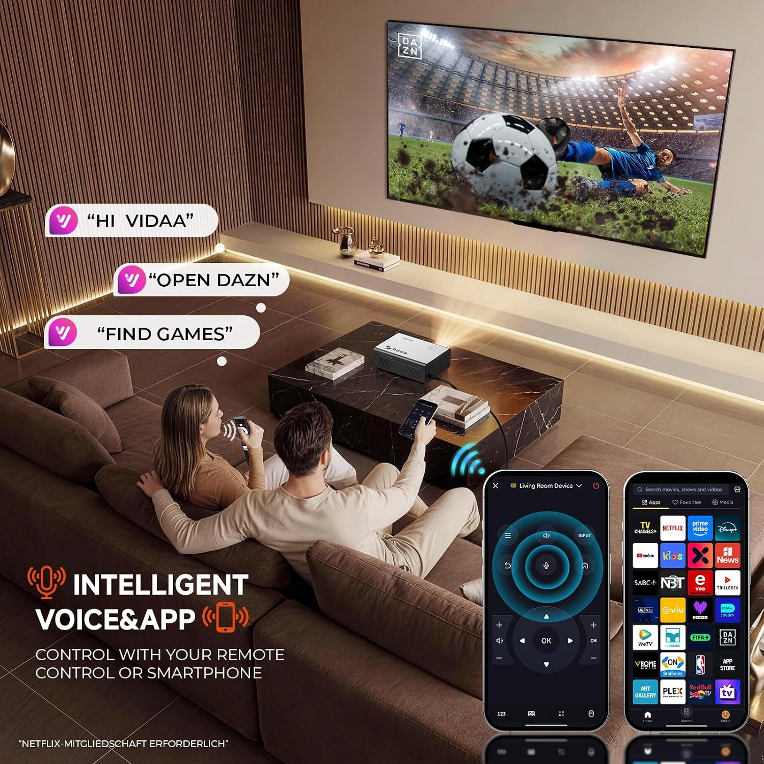 Intelligente 4K-projector met VIDAA, compatibel met Netflix-app, Dolby audio en HDR10+, KOGATA originele AirPlay, autofocus, 6D-keystone, WiFi 6 en Bluetooth, thuisbioscoopprojector