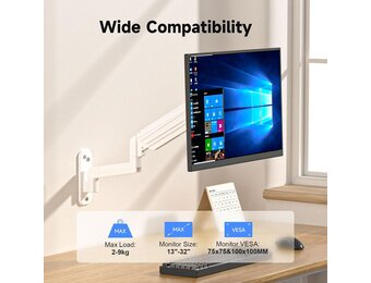 suptek VESA 75/100 Wandhouder voor 13-32 inch led-/LCD/tv-scherm tot 9 kg, monitorhouder met volledig instelbare gasveer, in hoogte verstelbaar, kantelbaar en draaibaar (Wit, Large)