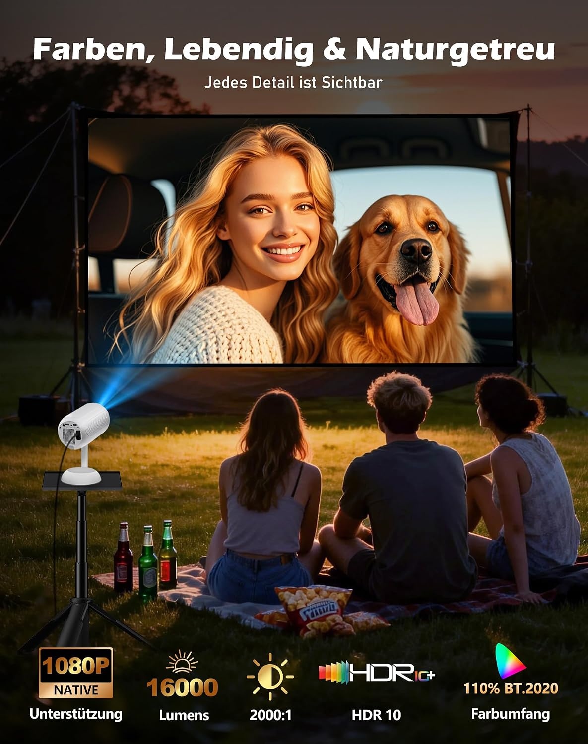 VGKE Mini-beamer met Android-app, 3D TOF-autofocus, automatische trapeziumcorrectie, 16000 lumen, Full HD, 4K-ondersteuning, wifi6, bluetooth, draagbare projector voor outdoor/mobiele telefoon/laptop