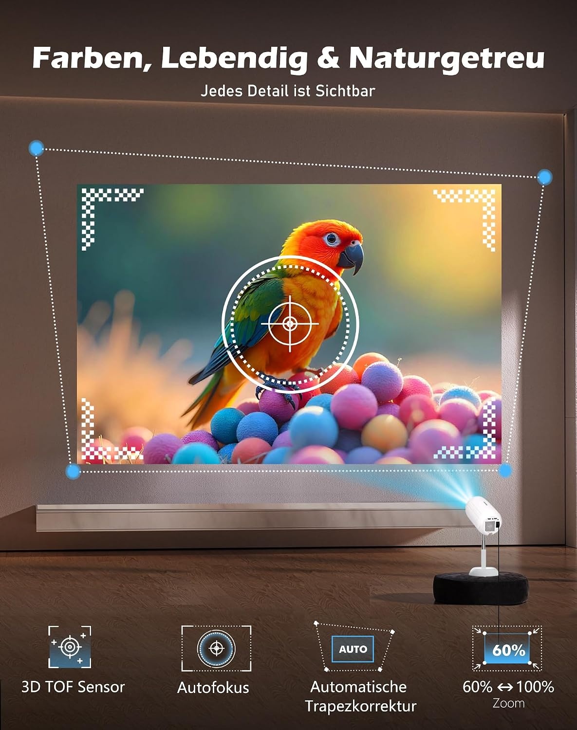 VGKE Mini-beamer met Android-app, 3D TOF-autofocus, automatische trapeziumcorrectie, 16000 lumen, Full HD, 4K-ondersteuning, wifi6, bluetooth, draagbare projector voor outdoor/mobiele telefoon/laptop
