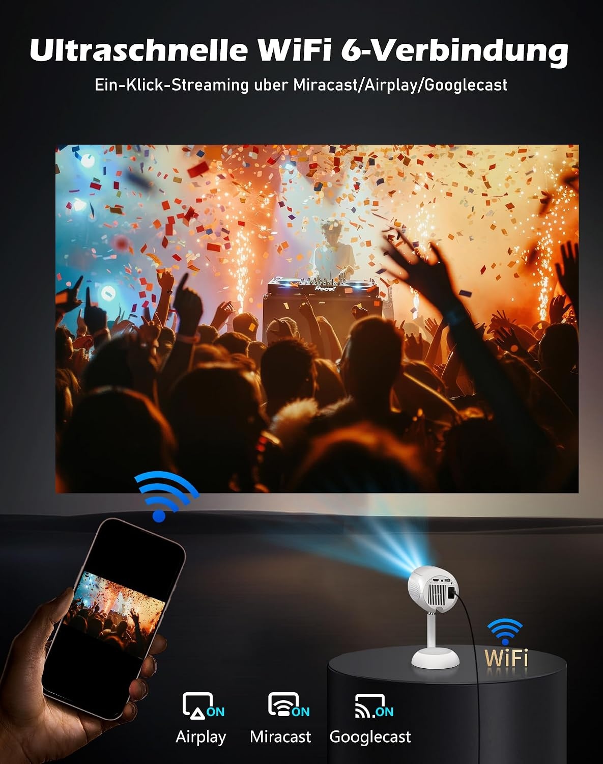 VGKE Mini-beamer met Android-app, 3D TOF-autofocus, automatische trapeziumcorrectie, 16000 lumen, Full HD, 4K-ondersteuning, wifi6, bluetooth, draagbare projector voor outdoor/mobiele telefoon/laptop
