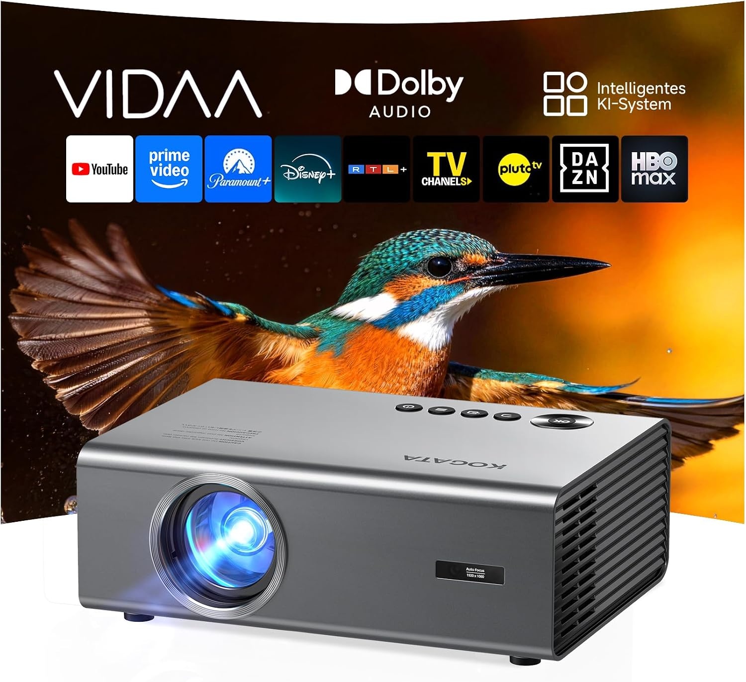 Intelligente 4K-projector met VIDAA, compatibel met Netflix-app, Dolby audio en HDR10+, KOGATA originele AirPlay, autofocus, 6D-keystone, WiFi 6 en Bluetooth, thuisbioscoopprojector