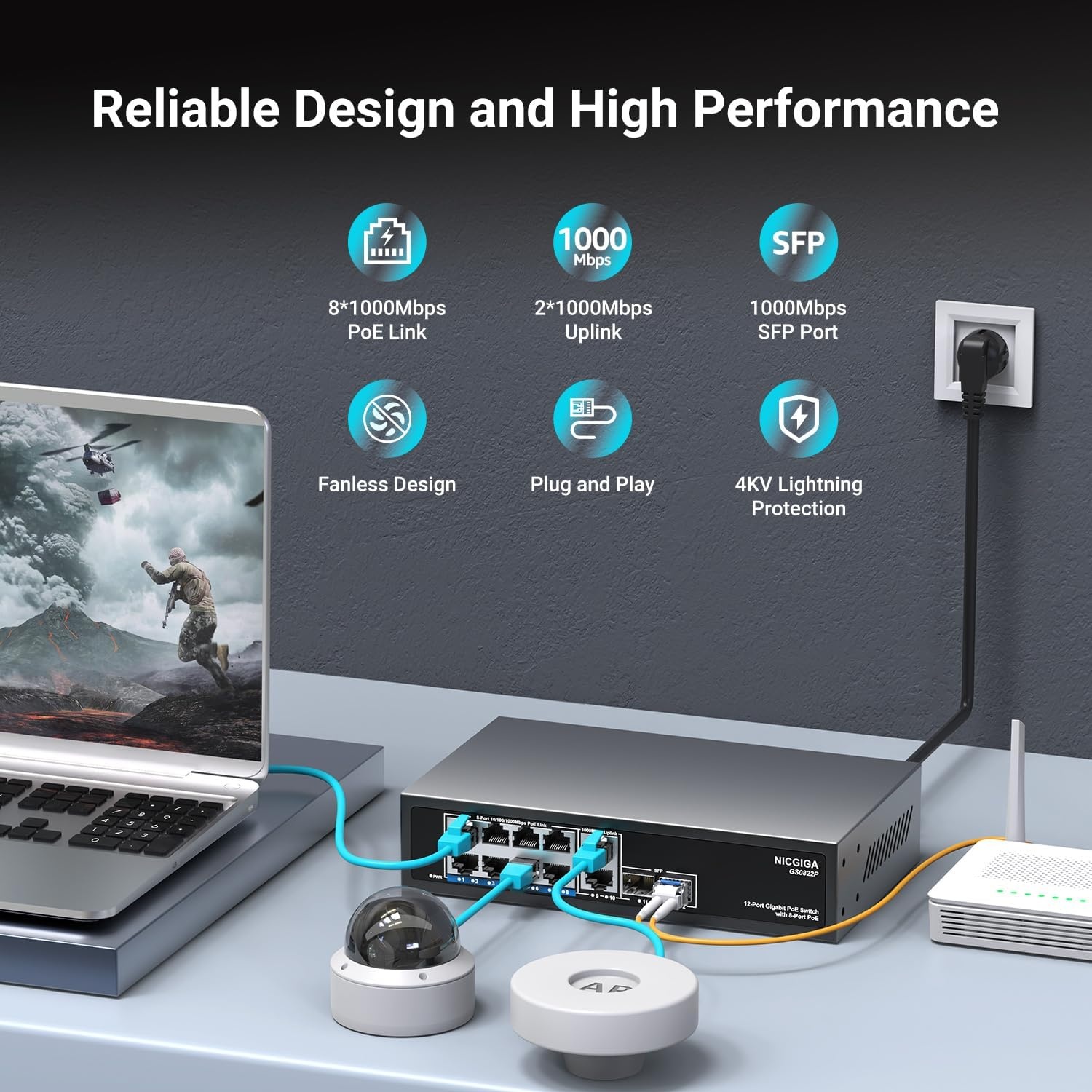8-poorts Gigabit PoE Switch onbeheerd met 8-poorts IEEE802.3af/at PoE+@120W, 2x 1000Mbps uplink + 2x 1G SFP, 12-poorts netwerk power over Ethernet switch.
