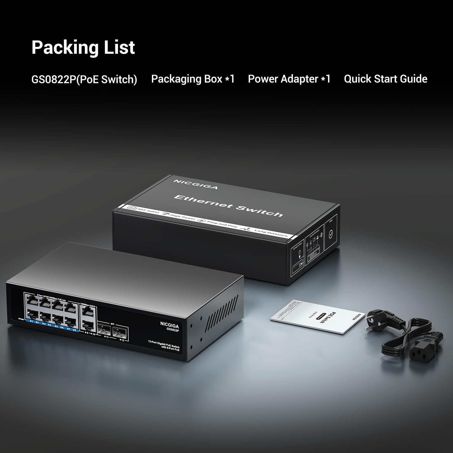 8-poorts Gigabit PoE Switch onbeheerd met 8-poorts IEEE802.3af/at PoE+@120W, 2x 1000Mbps uplink + 2x 1G SFP, 12-poorts netwerk power over Ethernet switch.