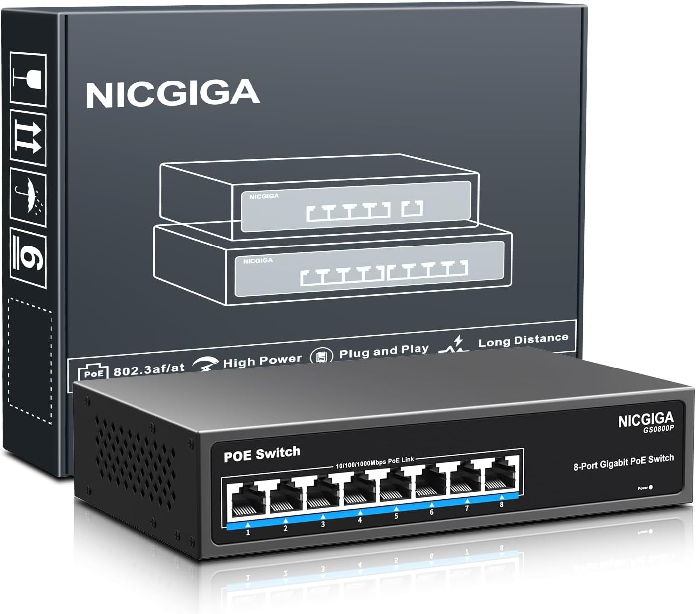 8-poorts Gigabit PoE Switch onbeheerd met 8-poorts IEEE802.3af/at PoE+@120W, 2x 1000Mbps uplink + 2x 1G SFP, 12-poorts netwerk power over Ethernet switch.