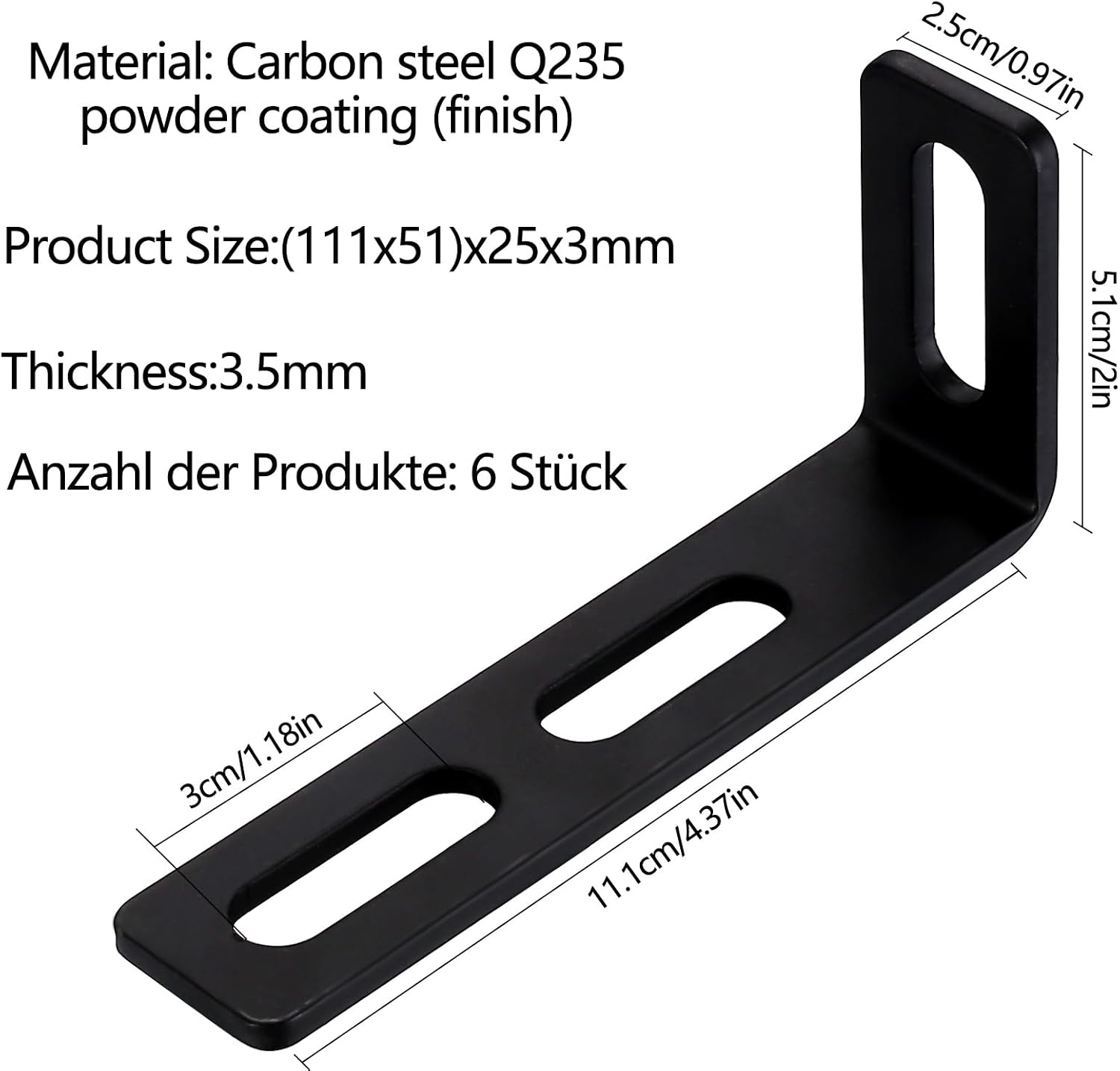 Verstelbare hoekhouder met 3 lange sleuven, 6 stuks L-vormige zwart, 90 graden metalen hoekverbindingen, robuuste houders voor meubelmontage, 110 x 50 x 24 mm/3,5 mm dikte