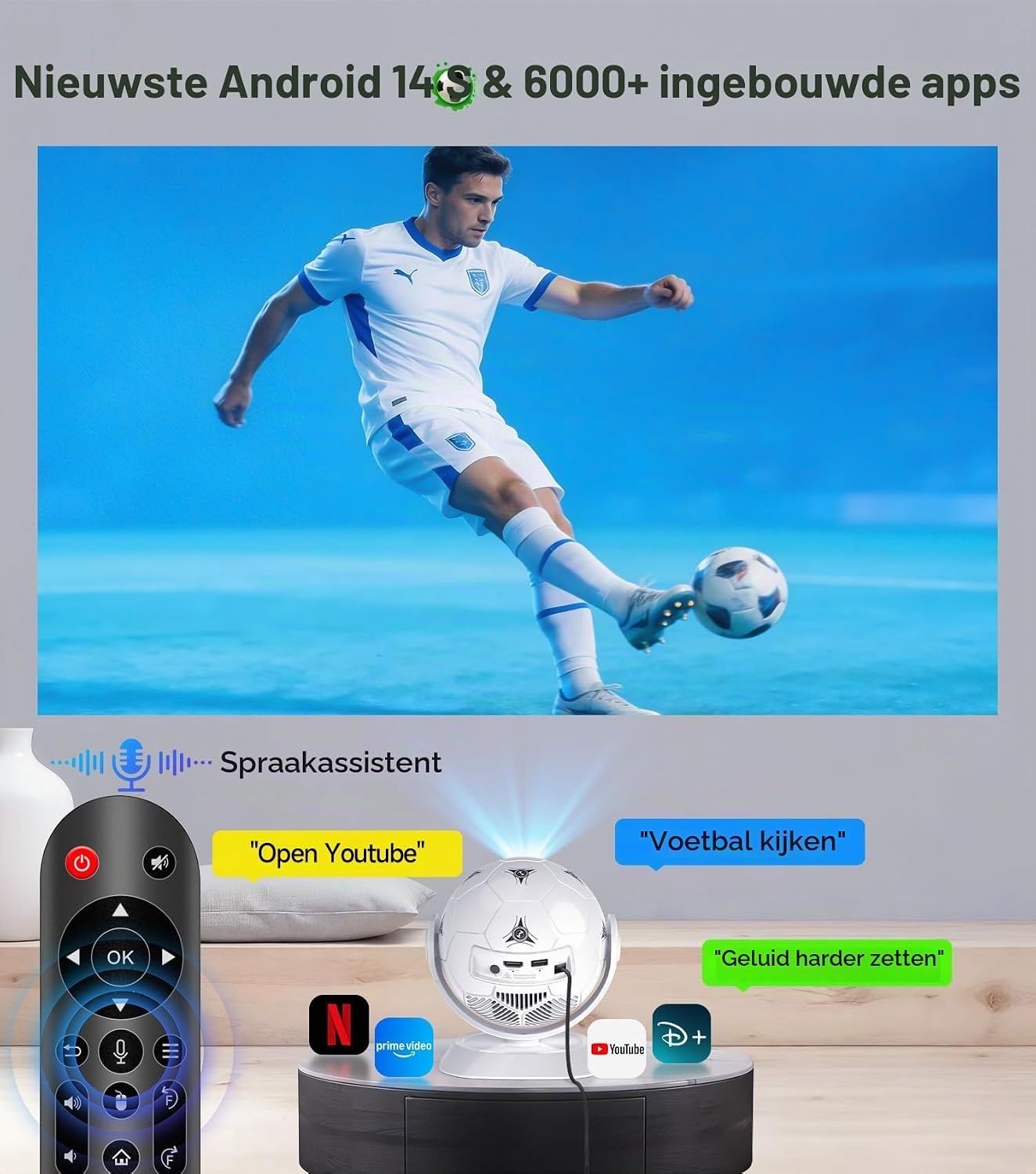 Magcubic HY300F Mini-beamerprojector, 4K ondersteuning, 360° voetbalmotief, kleine thuisbioscoop, outdoor, wifi 6, bluetooth 5.4, autokeystone, draagbare projector, korte afstand voor mobiele