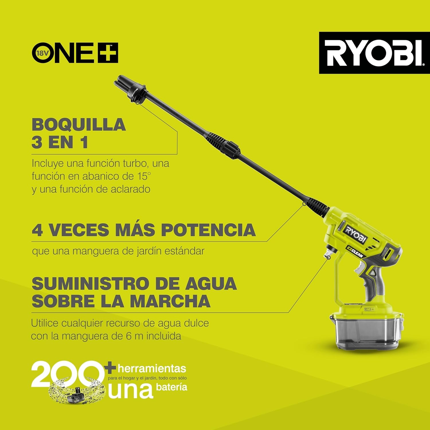 RYOBI RY18PW22A-0 Accu-middendrukreiniger, 18 V, 3-in-1 mondstuk, turbomondstuk voor moeilijke reinigingstoepassingen, 15°-waaierstraal voor algemene reiniging, zonder accu en oplader, geel