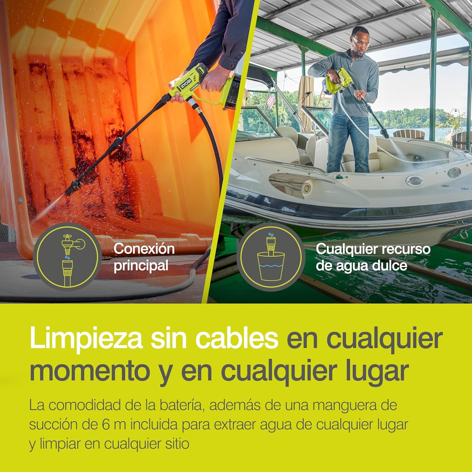 RYOBI RY18PW22A-0 Accu-middendrukreiniger, 18 V, 3-in-1 mondstuk, turbomondstuk voor moeilijke reinigingstoepassingen, 15°-waaierstraal voor algemene reiniging, zonder accu en oplader, geel