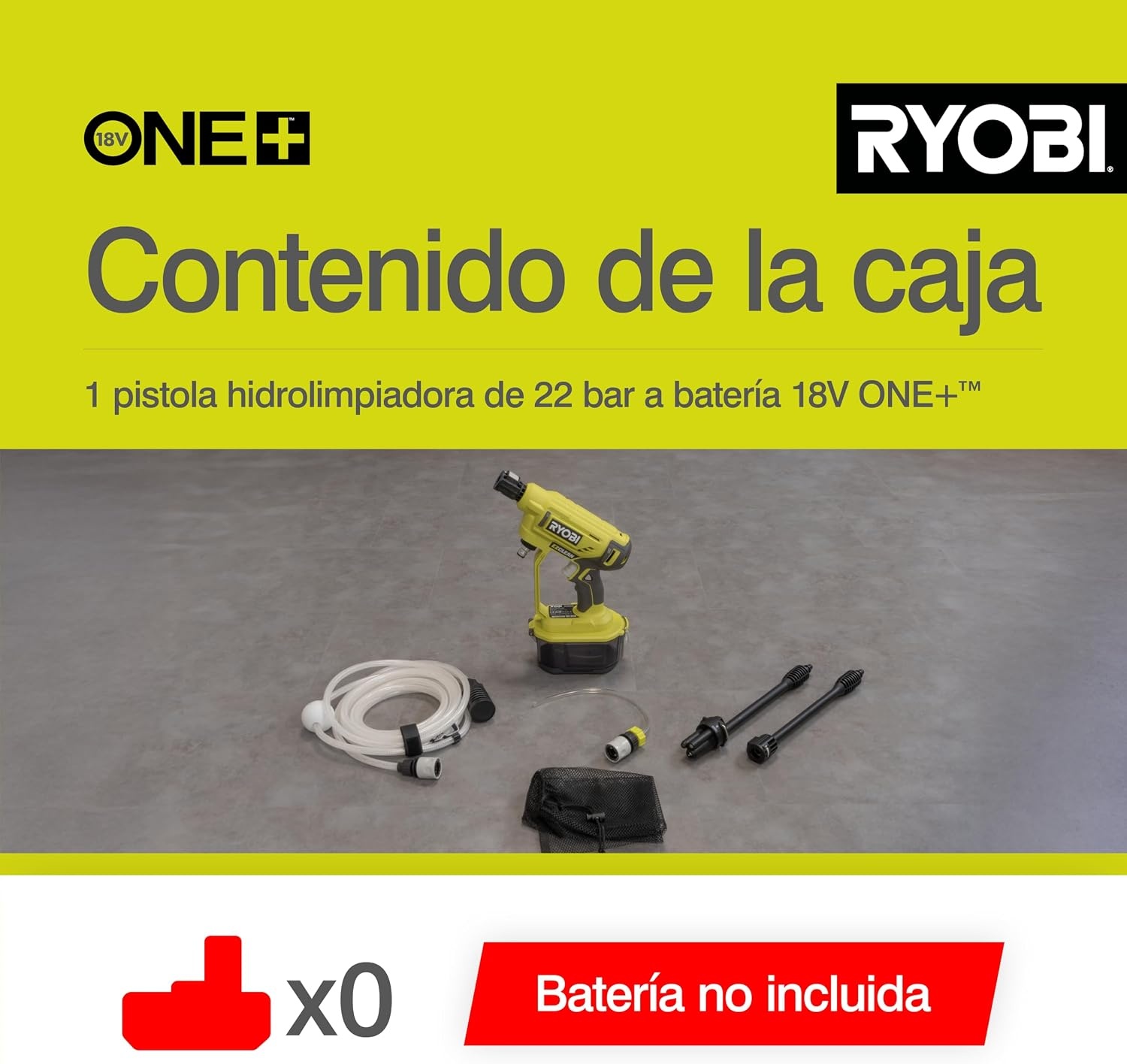 RYOBI RY18PW22A-0 Accu-middendrukreiniger, 18 V, 3-in-1 mondstuk, turbomondstuk voor moeilijke reinigingstoepassingen, 15°-waaierstraal voor algemene reiniging, zonder accu en oplader, geel