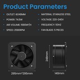 Hon&Guan Afvoerventilator, 250 mm, industriële toerentalregeling, EU-stekker, 1680 m³/uur, badkamerventilator met jaloezieklep voor garages, kelder en zolder