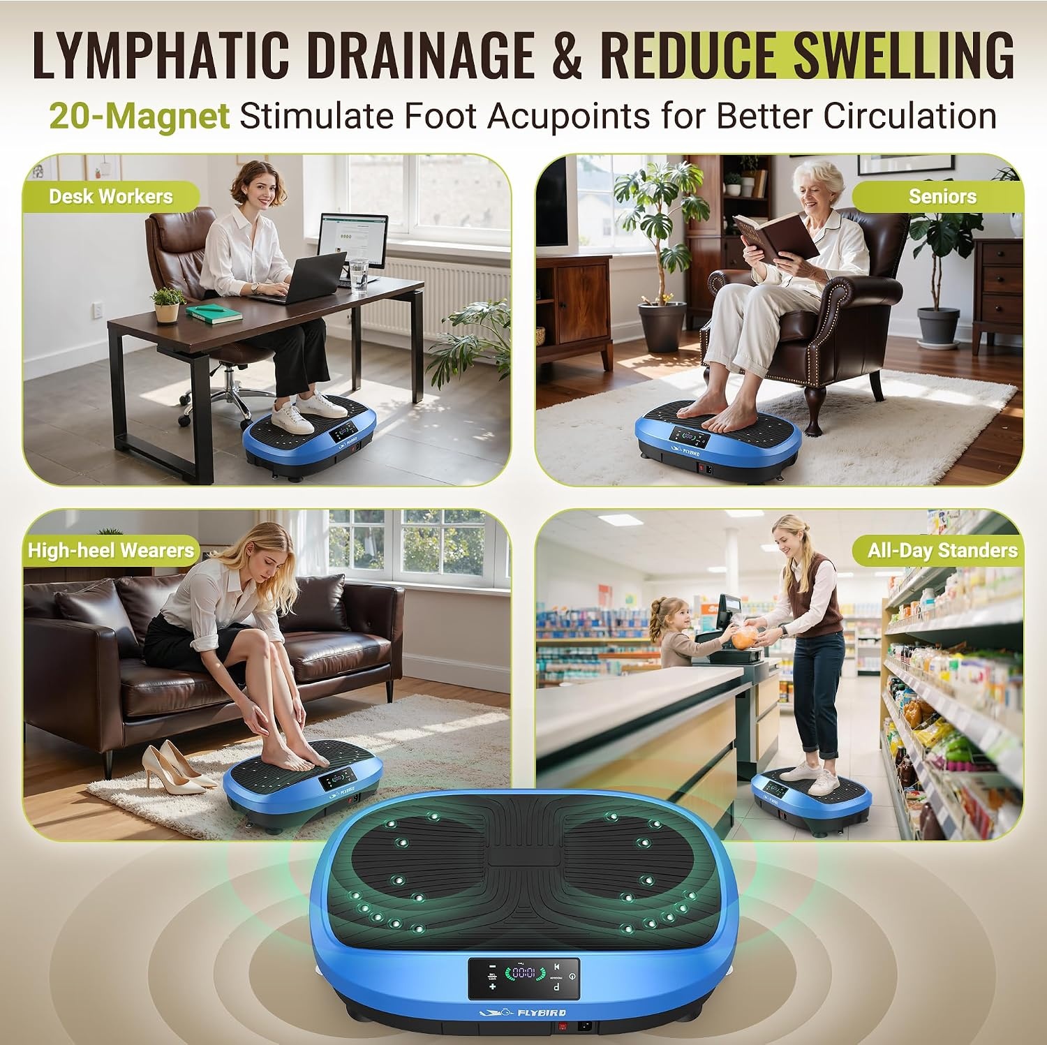 FLYBIRD Trillingsplaat Oefenmachine, Verbeterde versie Power Trillingsplaat voor gewichtsverlies, 120 snelheidsniveaus, 150 kg gewichtscapaciteit, full-body workout vibratieplaat voor lymfedrainage en