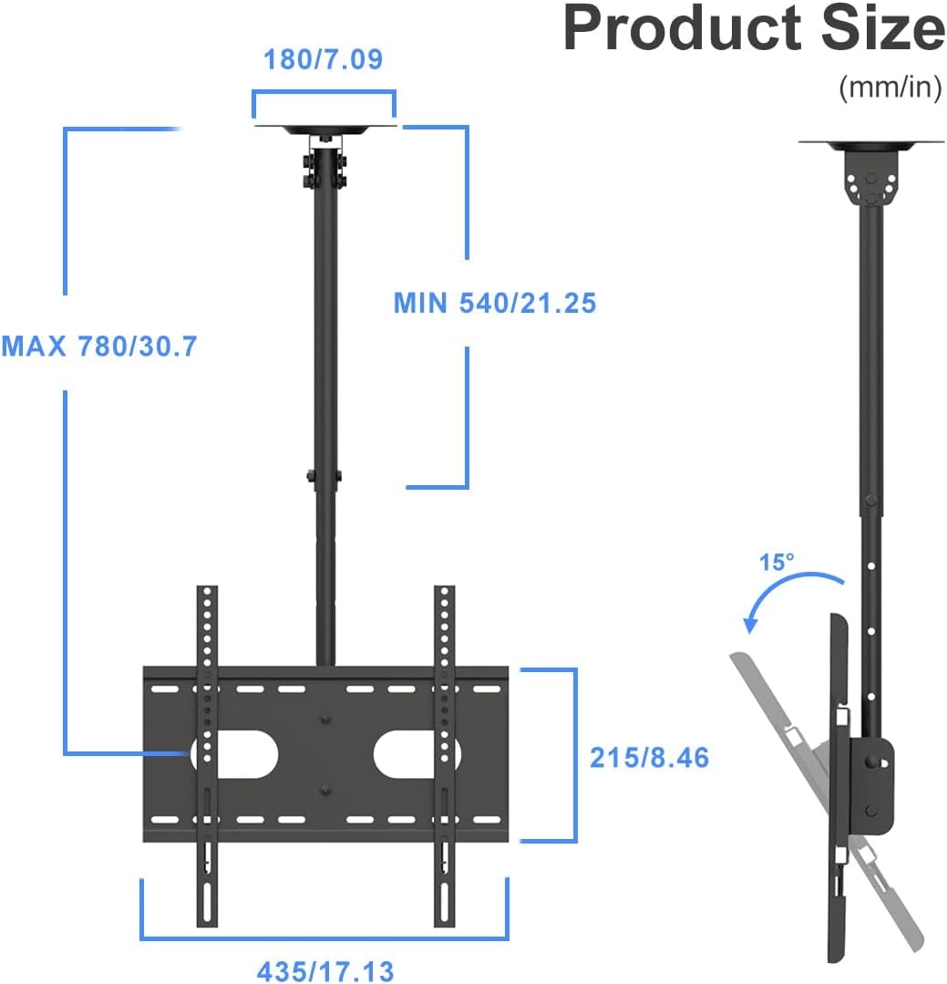 suptek TV Plafondbeugel voor 26-65 inch Schermen, In hoogte verstelbaar 54-78cm, Kantelbaar en Draaibaar, Belasting 45kg, VESA 400x400mm, Geschikt voor Schuin Plafond, MC4602 - Maat 26-49"