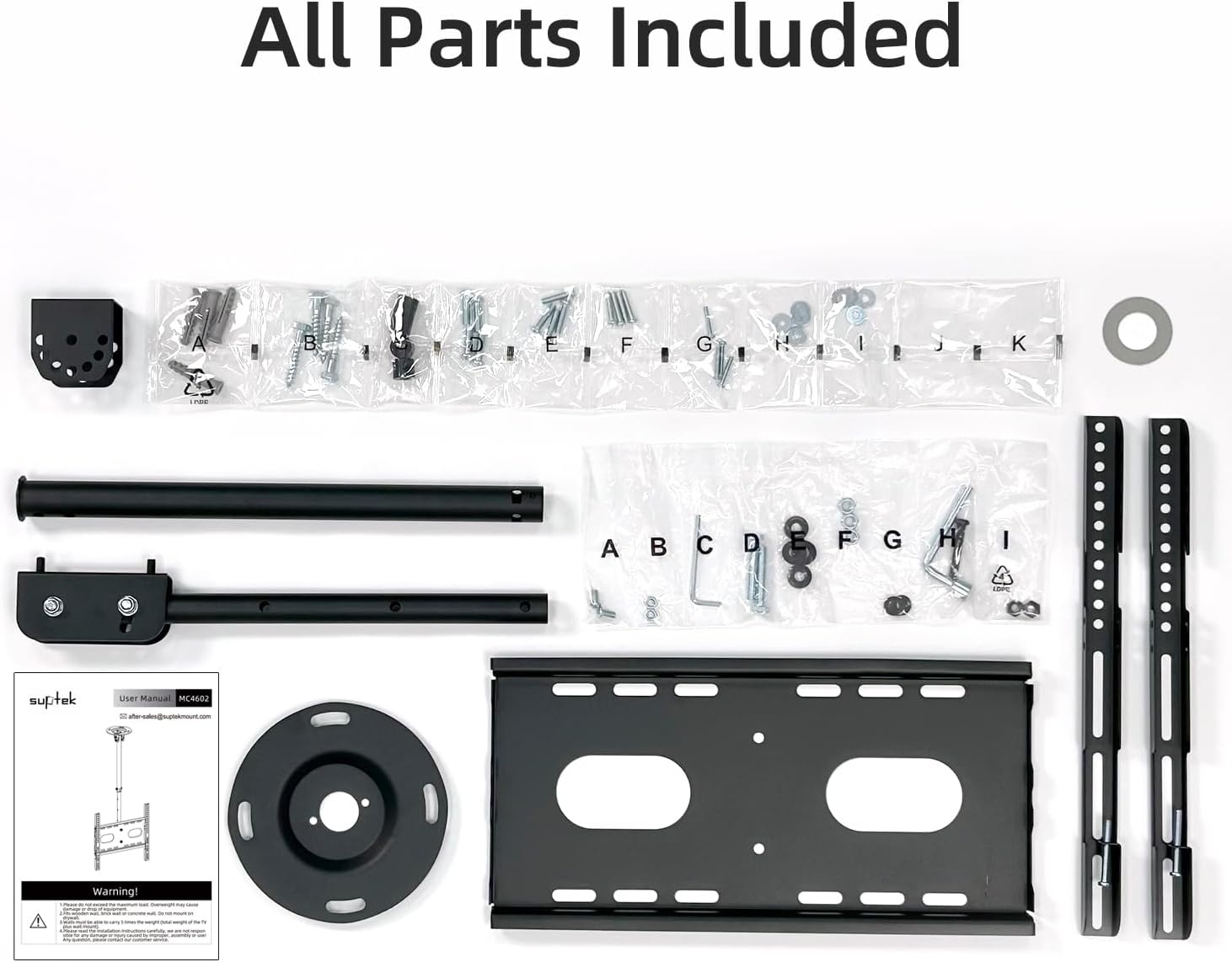 suptek TV Plafondbeugel voor 26-65 inch Schermen, In hoogte verstelbaar 54-78cm, Kantelbaar en Draaibaar, Belasting 45kg, VESA 400x400mm, Geschikt voor Schuin Plafond, MC4602 - Maat 26-49"