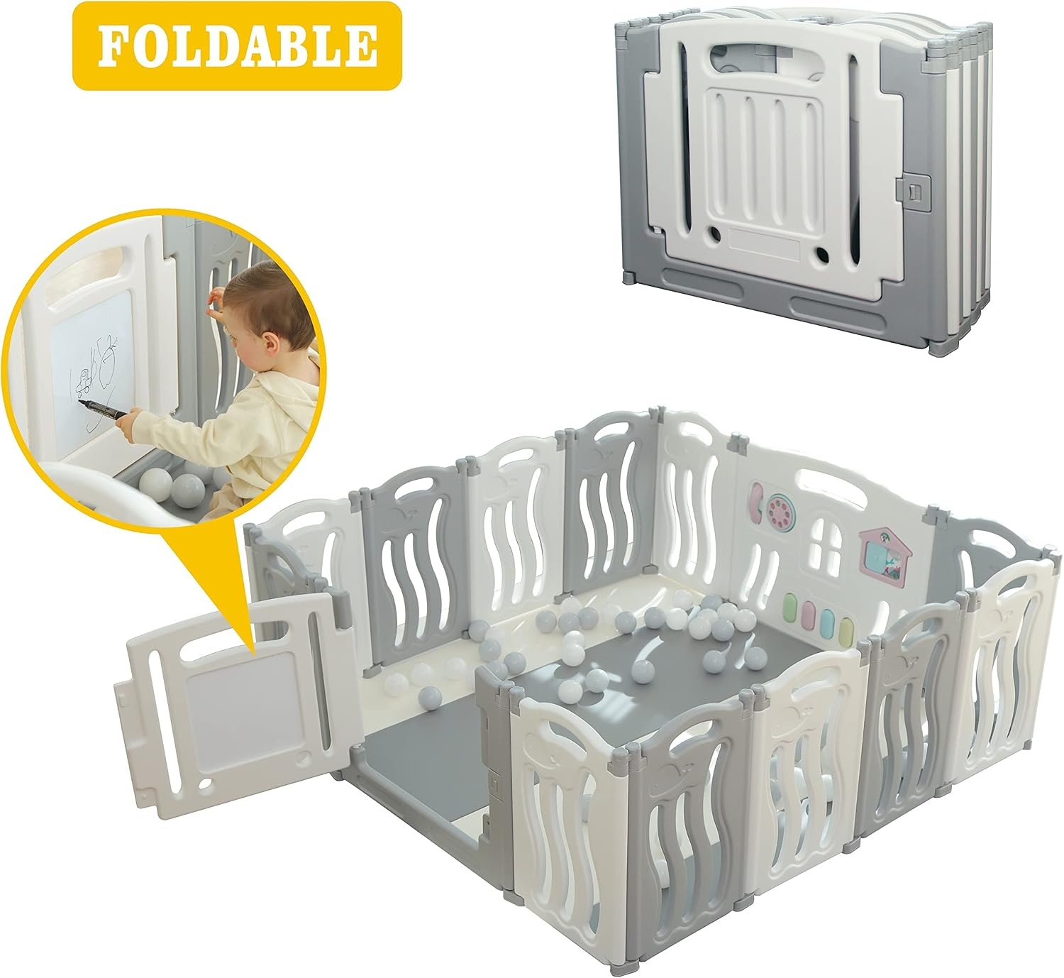 Gupamiga Baby Box met Tekenbord - Opvouwbaar - 150 x 155 cm - Wit/Grijs