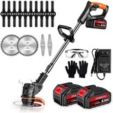 Accu-grastrimmer met accu en oplader, 3-in-1 elektrische accu bosmaaier en grastrimmer gazon met 2 x 4,0 Ah accu en metalen mes, accu-bosmaaier voor maaien en tuin
