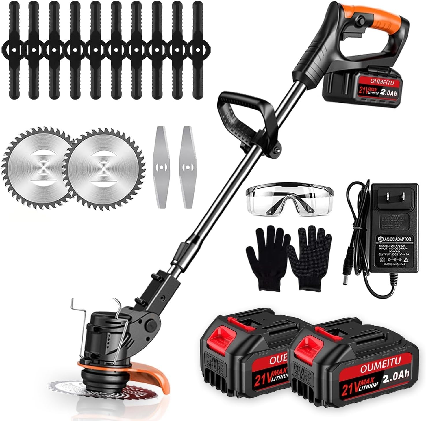 Accu-grastrimmer met accu en oplader, 3-in-1 elektrische accu bosmaaier en grastrimmer gazon met 2 x 4,0 Ah accu en metalen mes, accu-bosmaaier voor maaien en tuin