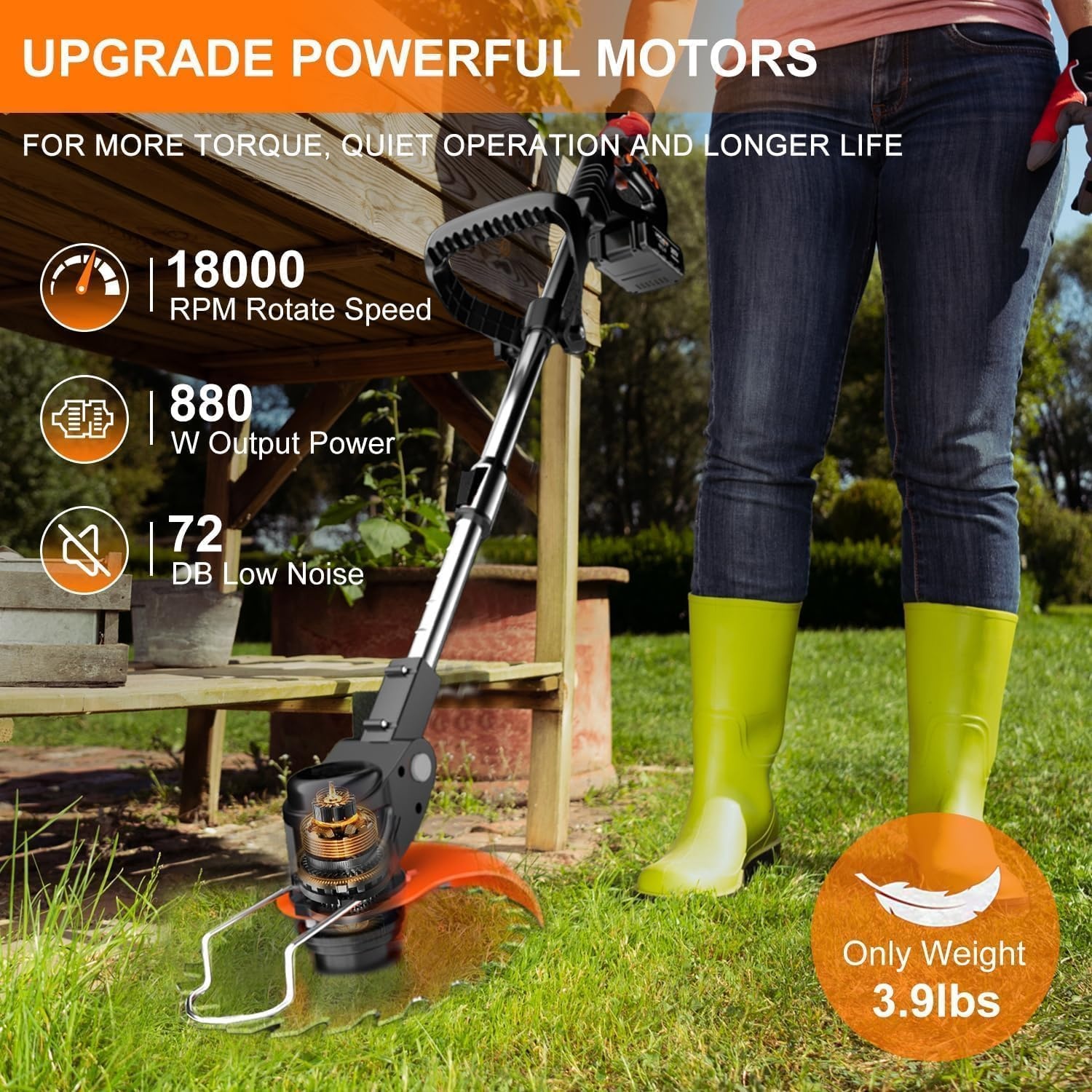 Accu-grastrimmer met accu en oplader, 3-in-1 elektrische accu bosmaaier en grastrimmer gazon met 2 x 4,0 Ah accu en metalen mes, accu-bosmaaier voor maaien en tuin