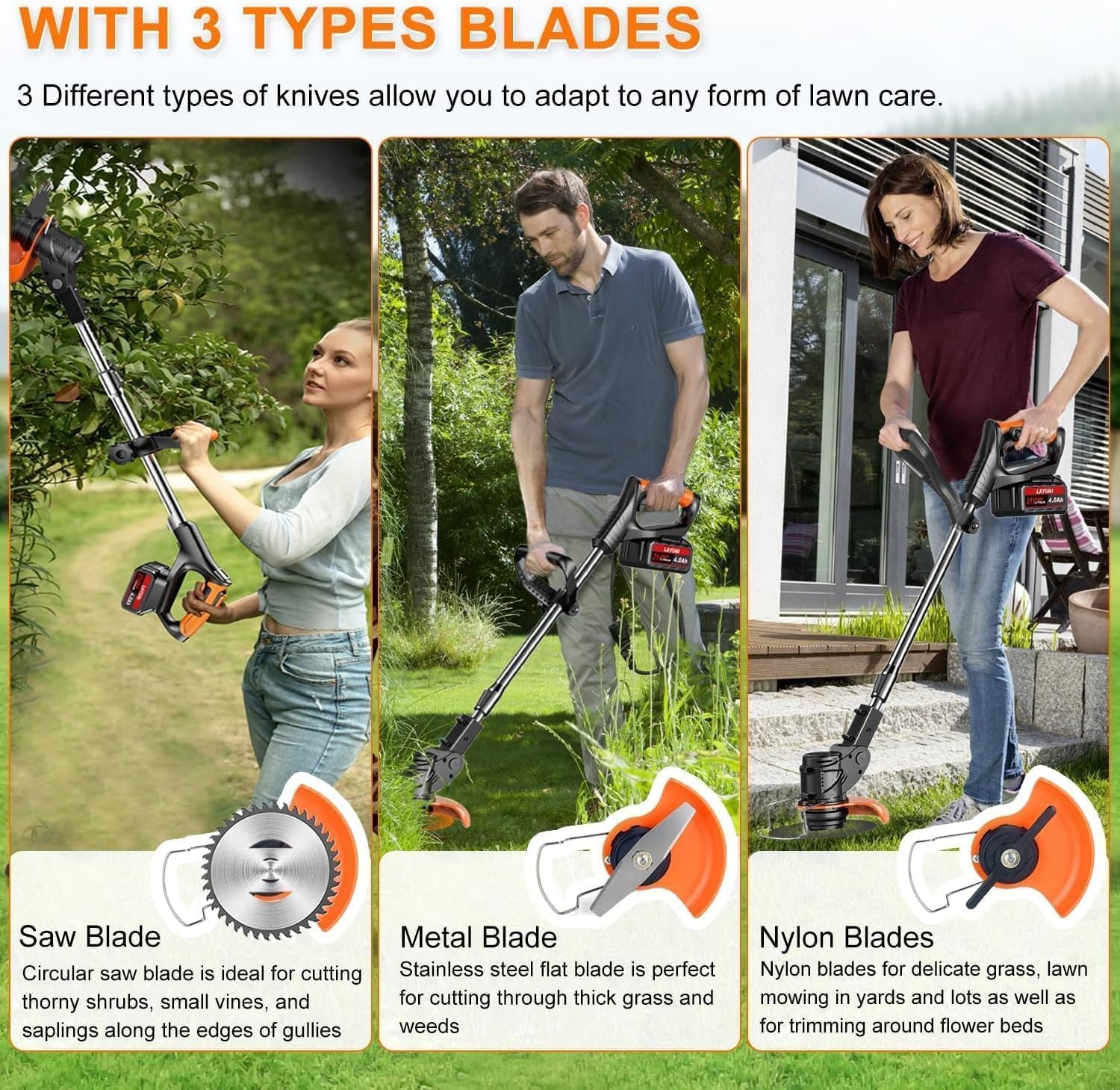 Accu-grastrimmer met accu en oplader, 3-in-1 elektrische accu bosmaaier en grastrimmer gazon met 2 x 4,0 Ah accu en metalen mes, accu-bosmaaier voor maaien en tuin