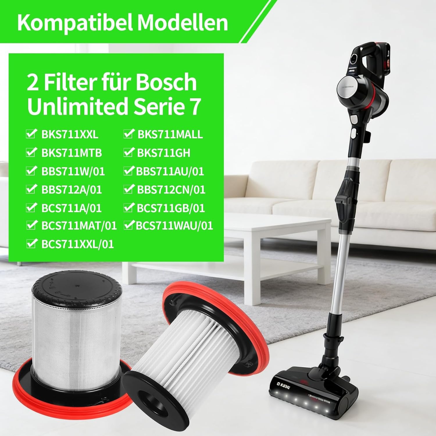2 Vervangende Filters voor Bosch Unlimited Series 7 Steelstofzuiger