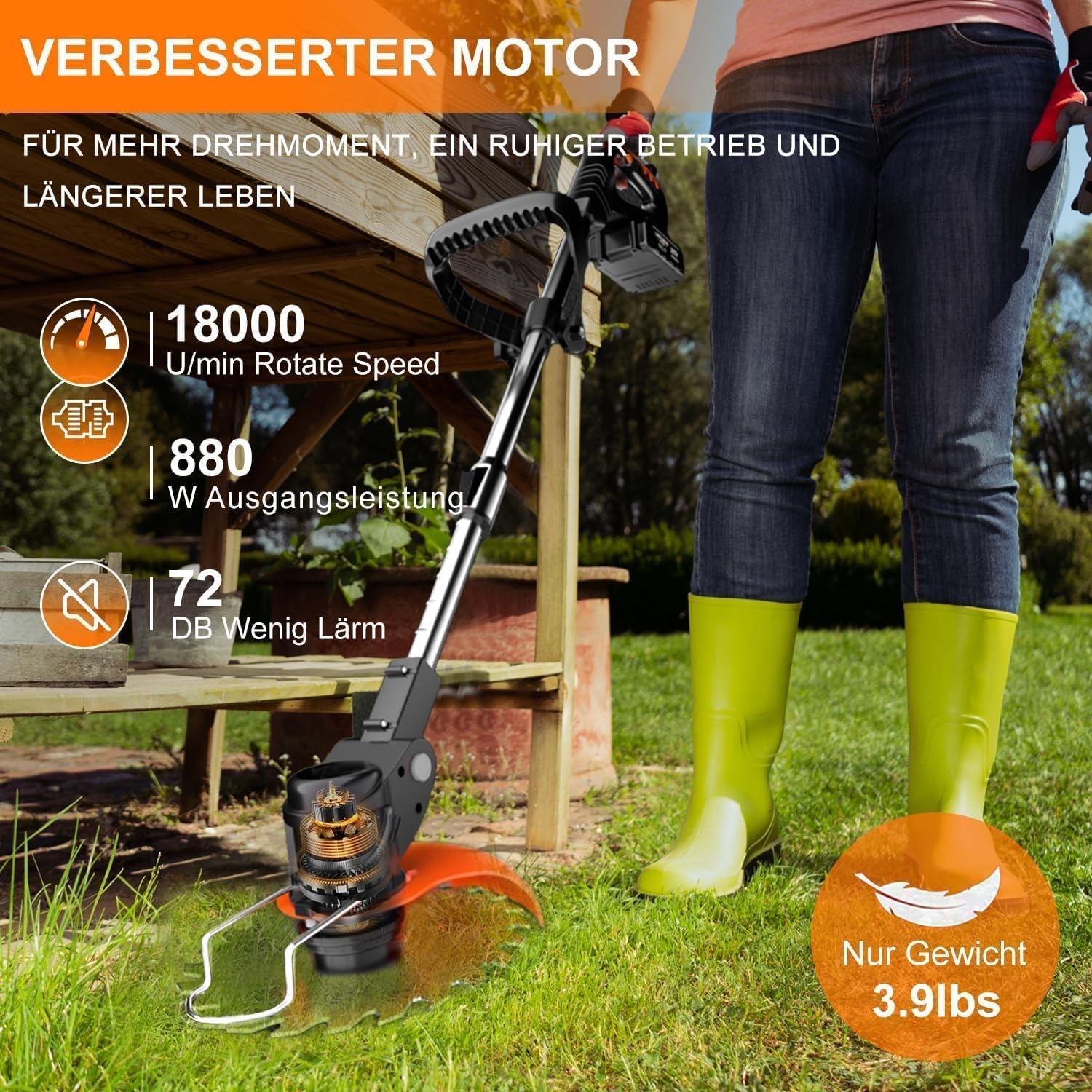 Accu-grastrimmer met accu en oplader, 3-in-1 elektrische accu, motorsense- en grastrimmer, gazon met 2 x 4,0 Ah accu, metalen messen en telescoopstang, accu-bosmaaier voor maaien en tuin (zwart)