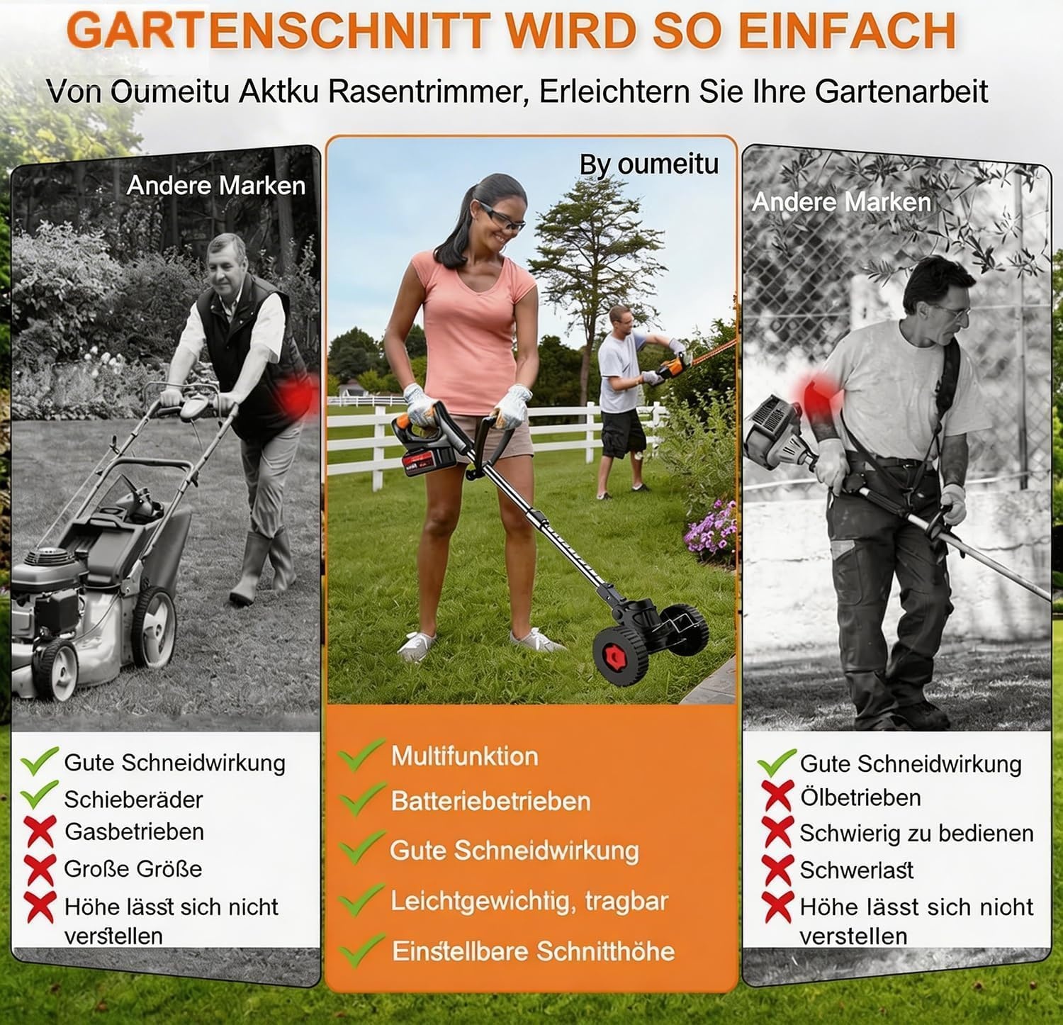 Accu-grastrimmer met accu en oplader, 3-in-1 elektrische accu, motorsense- en grastrimmer, gazon met 2 x 4,0 Ah accu, metalen messen en telescoopstang, accu-bosmaaier voor maaien en tuin (zwart)