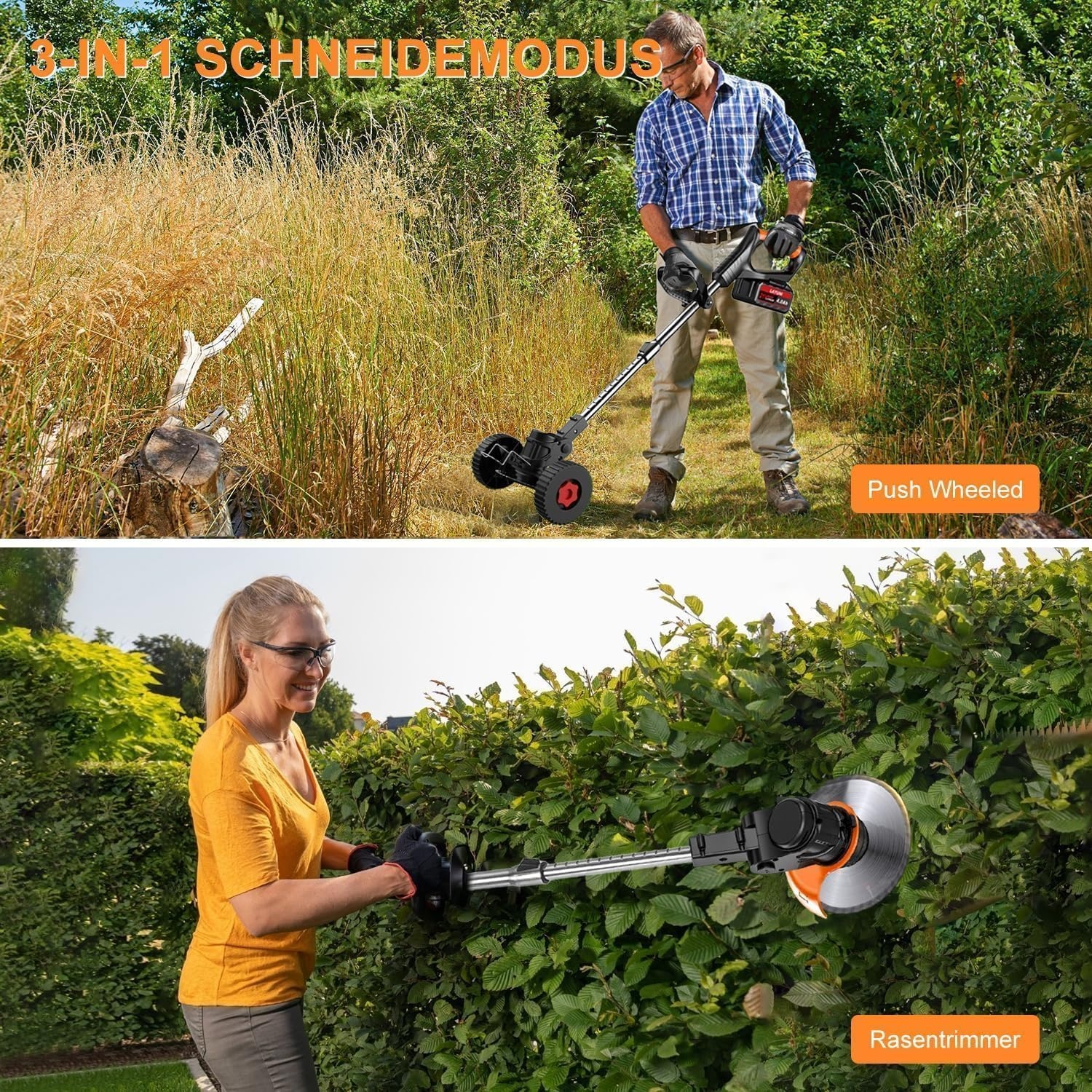 Accu-grastrimmer met accu en oplader, 3-in-1 elektrische accu, motorsense- en grastrimmer, gazon met 2 x 4,0 Ah accu, metalen messen en telescoopstang, accu-bosmaaier voor maaien en tuin (zwart)