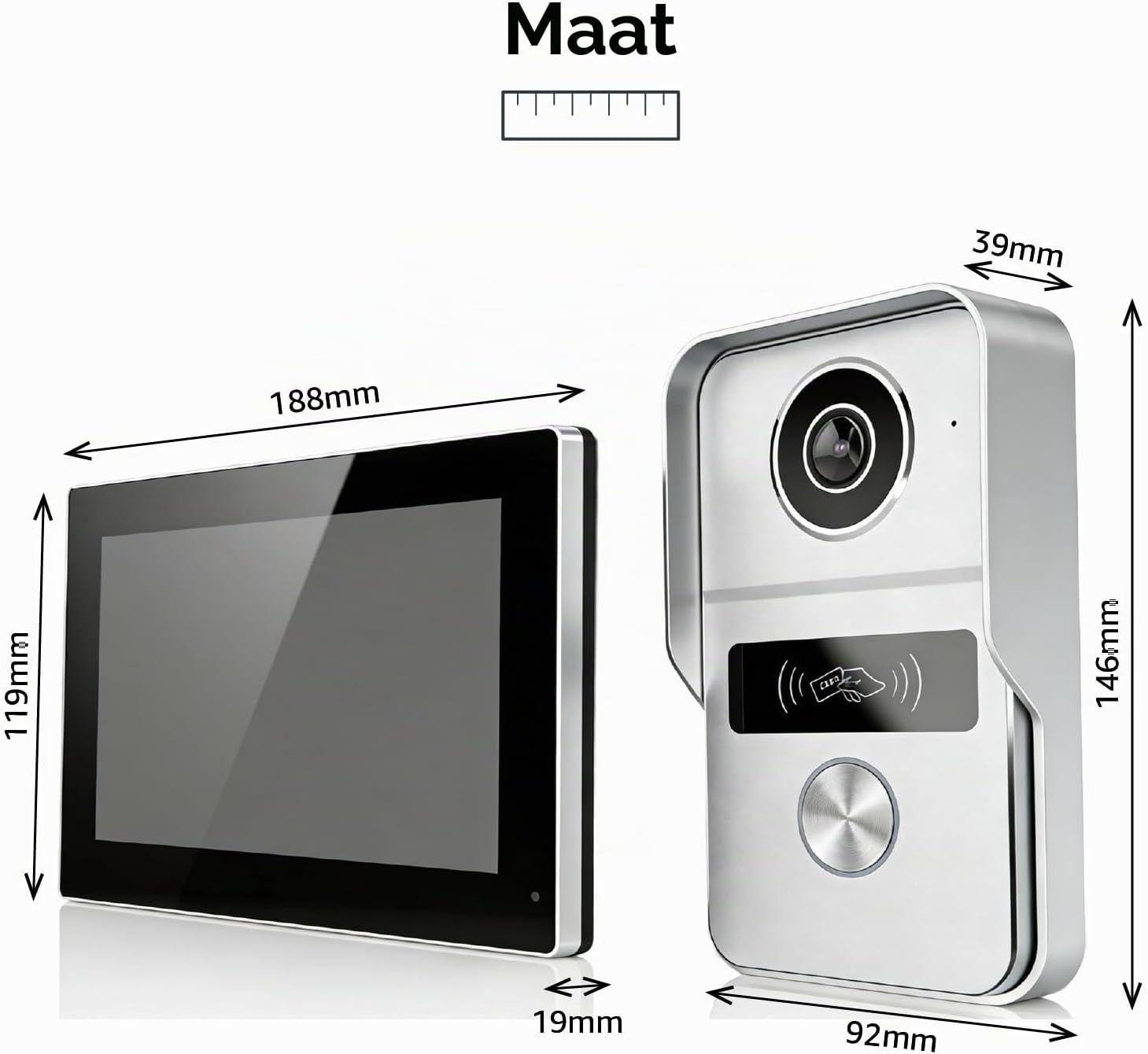 Video-intercom Deurbel met Camera, Videofoon, 7 inch touchscreen, Nachtzicht, Ontgrendeling op afstand, tweerichtingsintercom voor villa met 1 camera en 2 monitoren