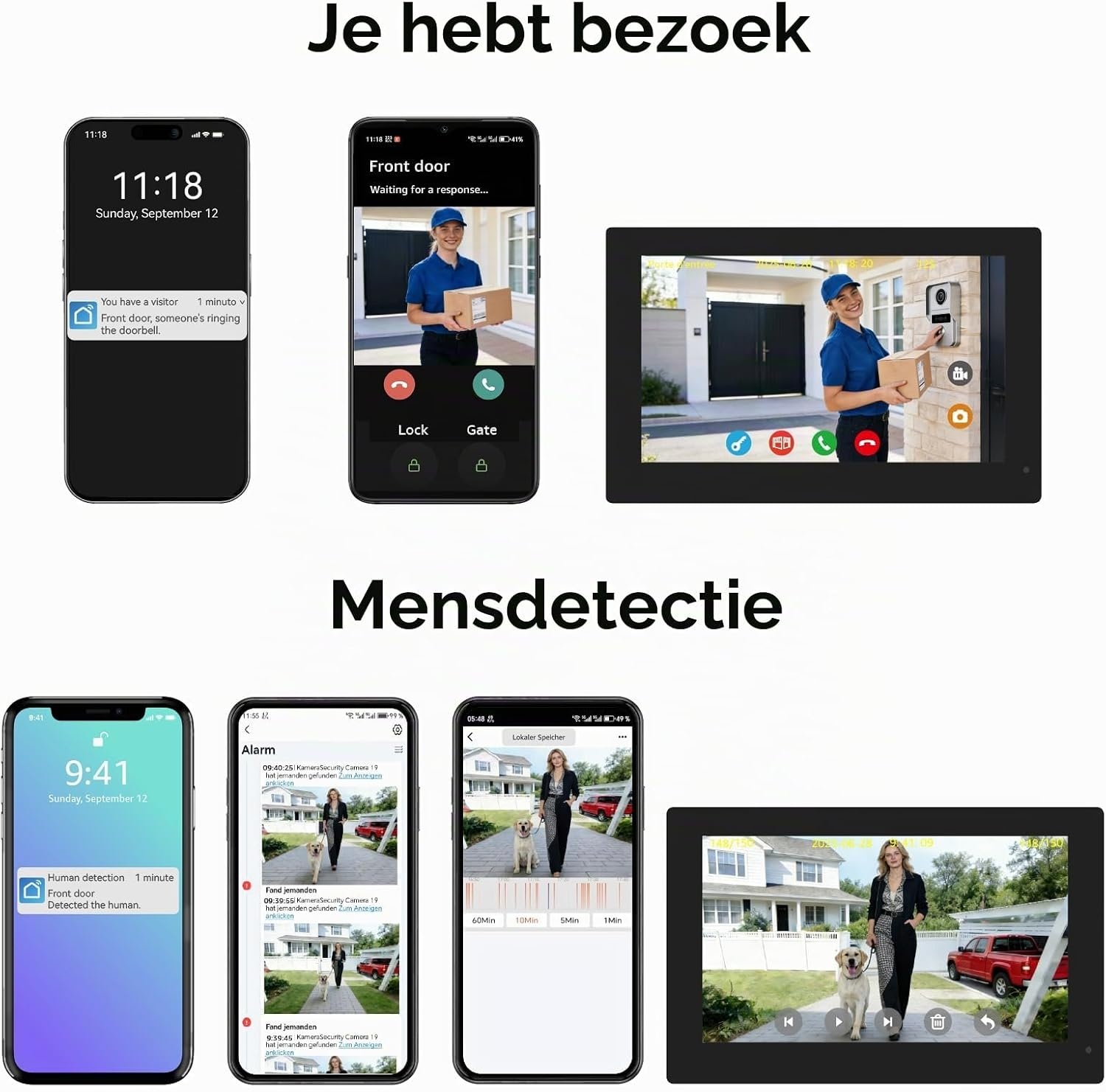 Video-intercom Deurbel met Camera, Videofoon, 7 inch touchscreen, Nachtzicht, Ontgrendeling op afstand, tweerichtingsintercom voor villa met 1 camera en 2 monitoren