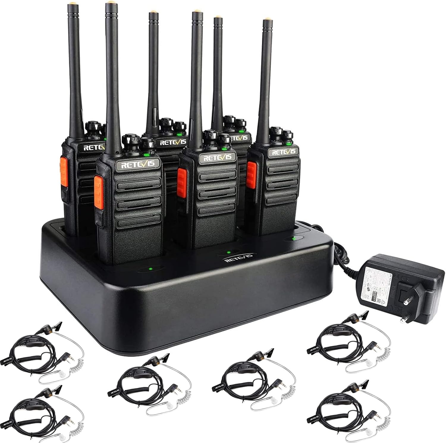 Retevis RT24V Freenet walkietalkie set, professionele PMR-walkietalkie met headset, 6-weg oplader, 6 kanalen voor beveiliging, politie, evenement (6 stuks, zwart)