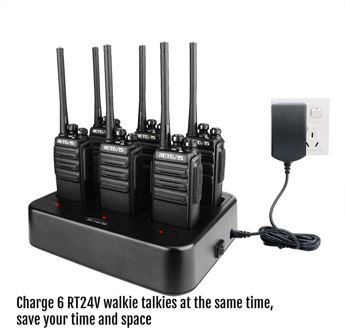 Retevis RT24V Freenet walkietalkie set, professionele PMR-walkietalkie met headset, 6-weg oplader, 6 kanalen voor beveiliging, politie, evenement (6 stuks, zwart)