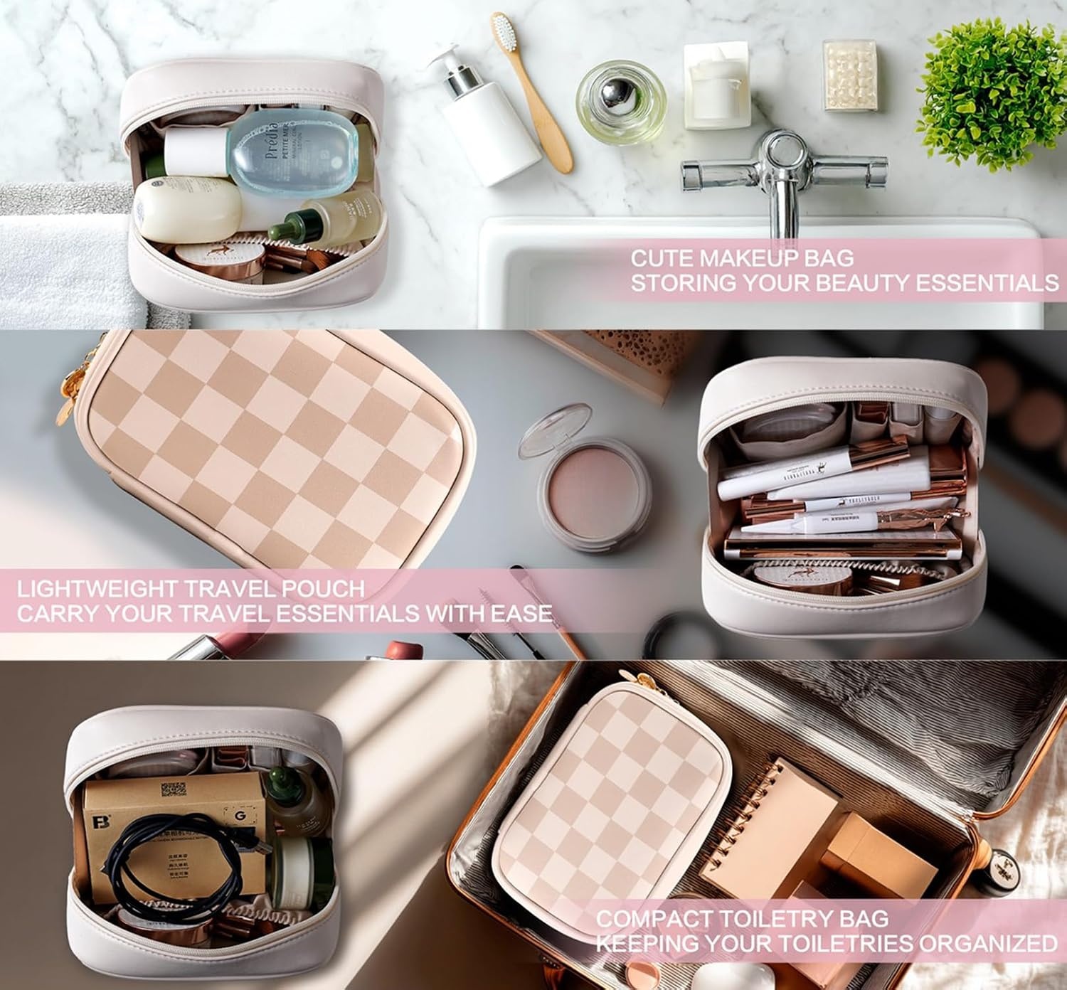 Reis Make-up Tas Cosmetica Tas voor Vrouwen, Kleine Make-up Organizer Tas, Schattige & Waterdichte Vegan Leren Make-up Case met Meerdere Compartimenten, Toilettas voor Cosmetica