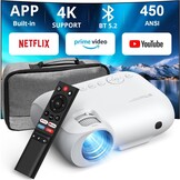 YOTON Beamer 4K WiFi Bluetooth - ingebouwde 1080P Full HD-compatibele 4K-projector, 450 ANSI-lumen, geïntegreerd met Netflix/Prime Video/YouTube, Y9-thuisbioscoopprojector compatibel met Fire Stick, smartphone, PS5