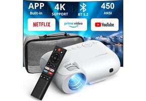 YOTON Beamer 4K WiFi Bluetooth - ingebouwde 1080P Full HD-compatibele 4K-projector, 450 ANSI-lumen, geïntegreerd met Netflix/Prime Video/YouTube, Y9-thuisbioscoopprojector compatibel met Fire Stick, smartphone, PS5
