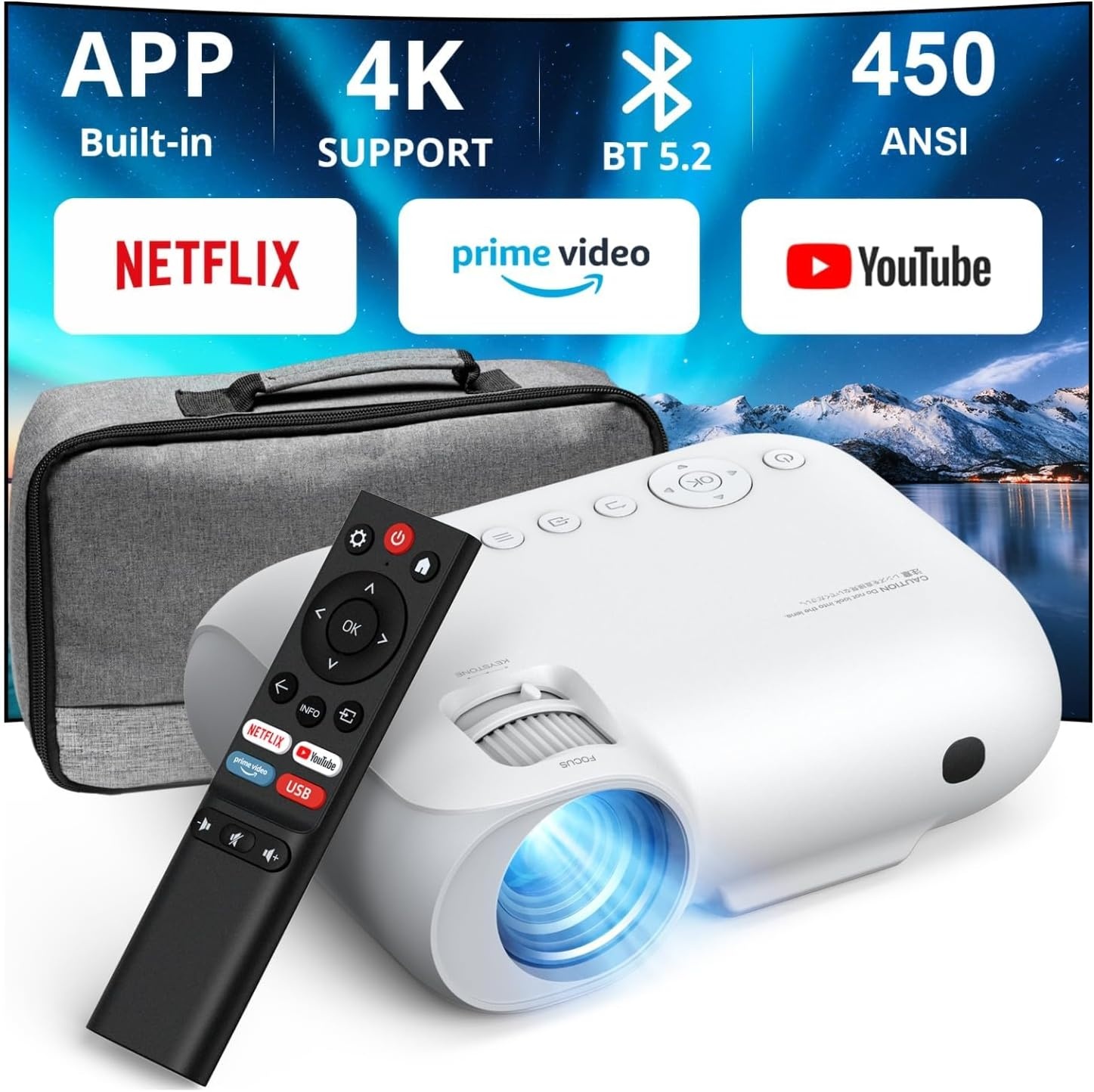 YOTON Beamer 4K WiFi Bluetooth - ingebouwde 1080P Full HD-compatibele 4K-projector, 450 ANSI-lumen, geïntegreerd met Netflix/Prime Video/YouTube, Y9-thuisbioscoopprojector compatibel met Fire Stick, smartphone, PS5