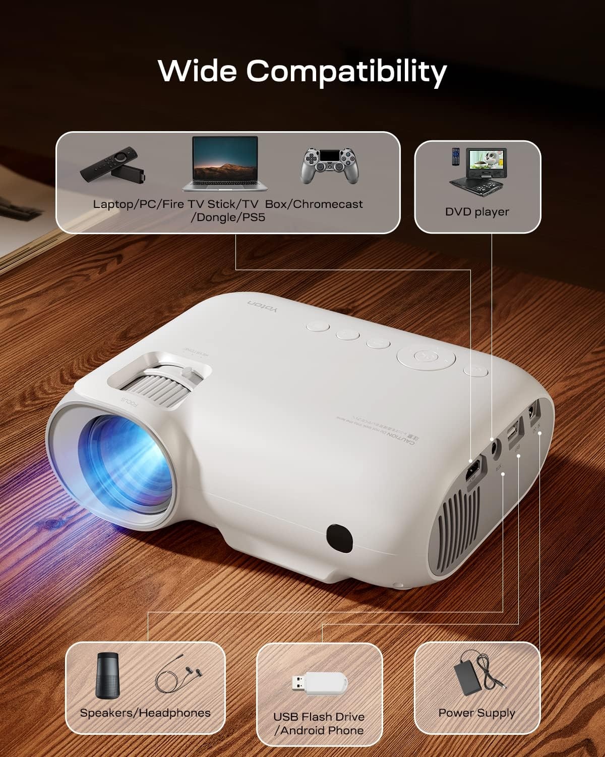 YOTON Beamer 4K WiFi Bluetooth - ingebouwde 1080P Full HD-compatibele 4K-projector, 450 ANSI-lumen, geïntegreerd met Netflix/Prime Video/YouTube, Y9-thuisbioscoopprojector compatibel met Fire Stick, smartphone, PS5
