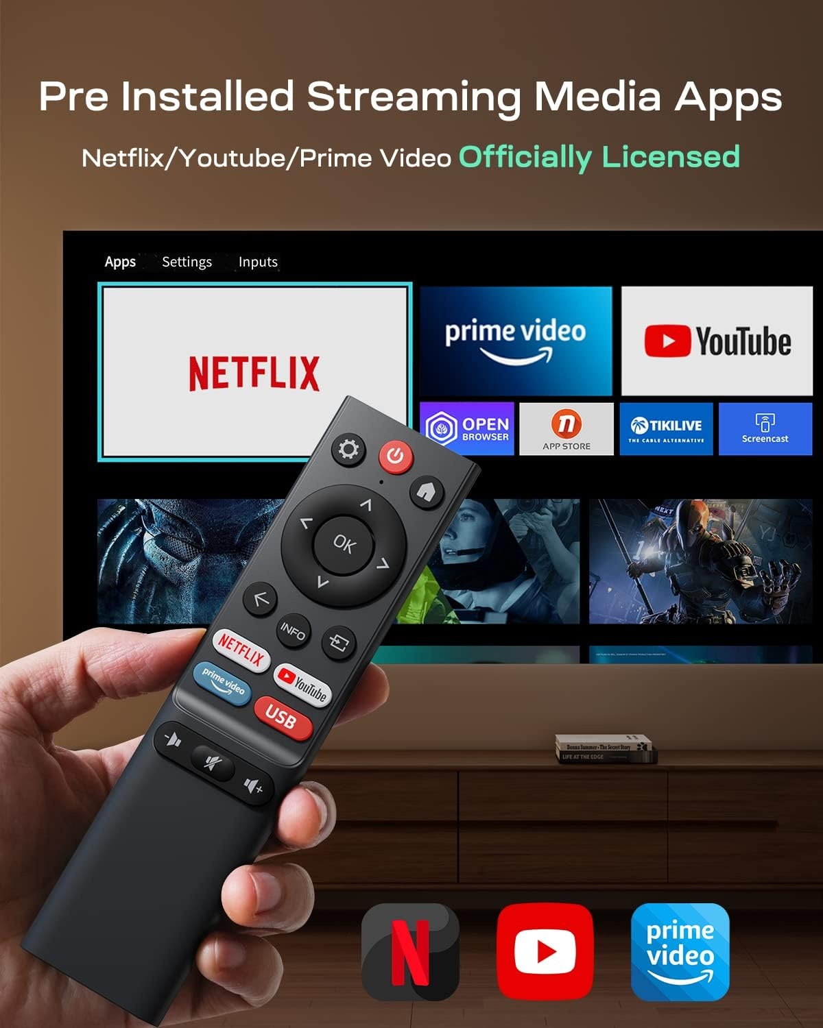 YOTON Beamer 4K WiFi Bluetooth - ingebouwde 1080P Full HD-compatibele 4K-projector, 450 ANSI-lumen, geïntegreerd met Netflix/Prime Video/YouTube, Y9-thuisbioscoopprojector compatibel met Fire Stick, smartphone, PS5