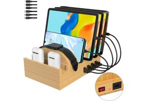 Bamboe Laadstation voor 7 Apparaten - 50W Snellader met Organizer & Korting