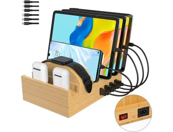 Bamboe Laadstation voor 7 Apparaten - 50W Snellader met Organizer & Korting